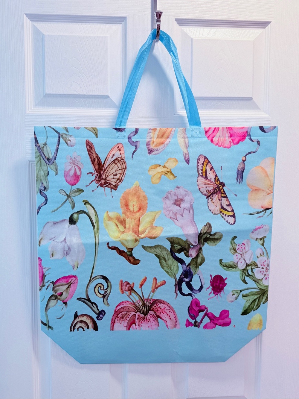 NWT Max Adams Essentials Floral & Butterfly Unique Reusable Light Blue Tote